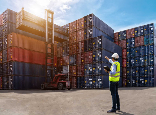 Worker in a hard hat with a clipboard directing a reach stacker among stacked shipping containers.